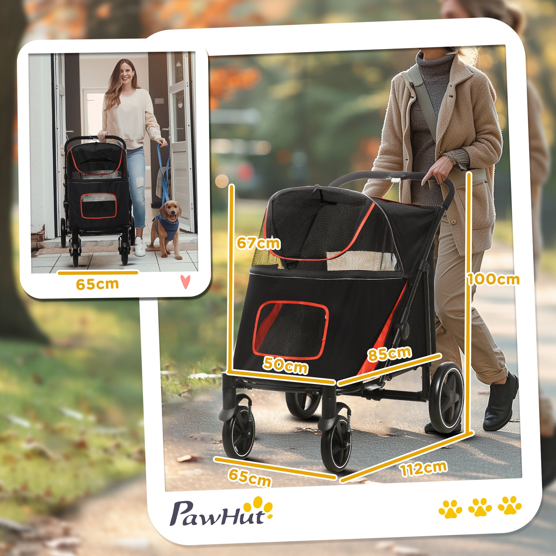 Foldable Big and Medium Dog Stroller One-Click 4 Wheels with Zipper Entrances and Mesh Windows, Steel and Oxford Pet Stroller, 112x65x100 cm, Black