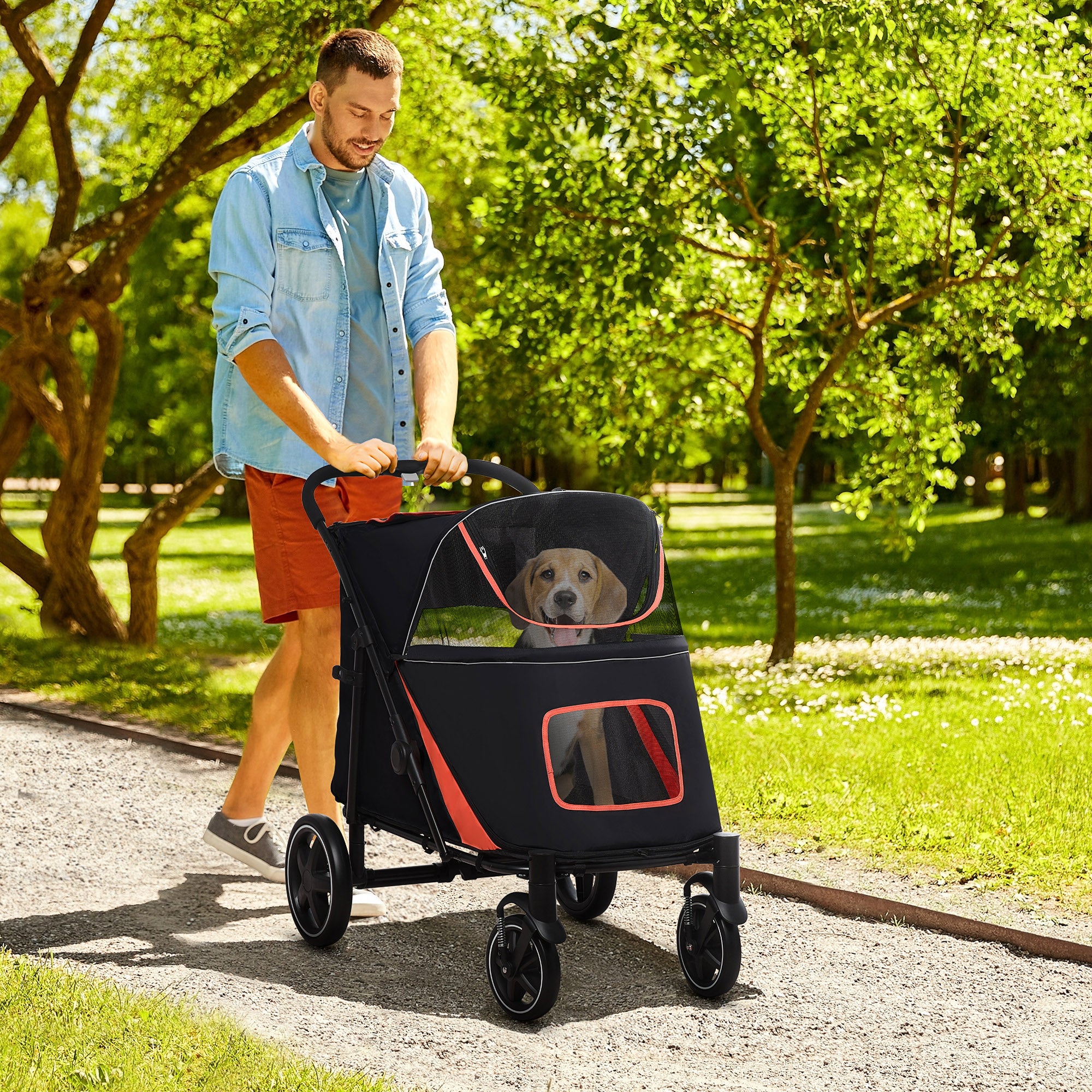 Foldable Big and Medium Dog Stroller One-Click 4 Wheels with Zipper Entrances and Mesh Windows, Steel and Oxford Pet Stroller, 112x65x100 cm, Black