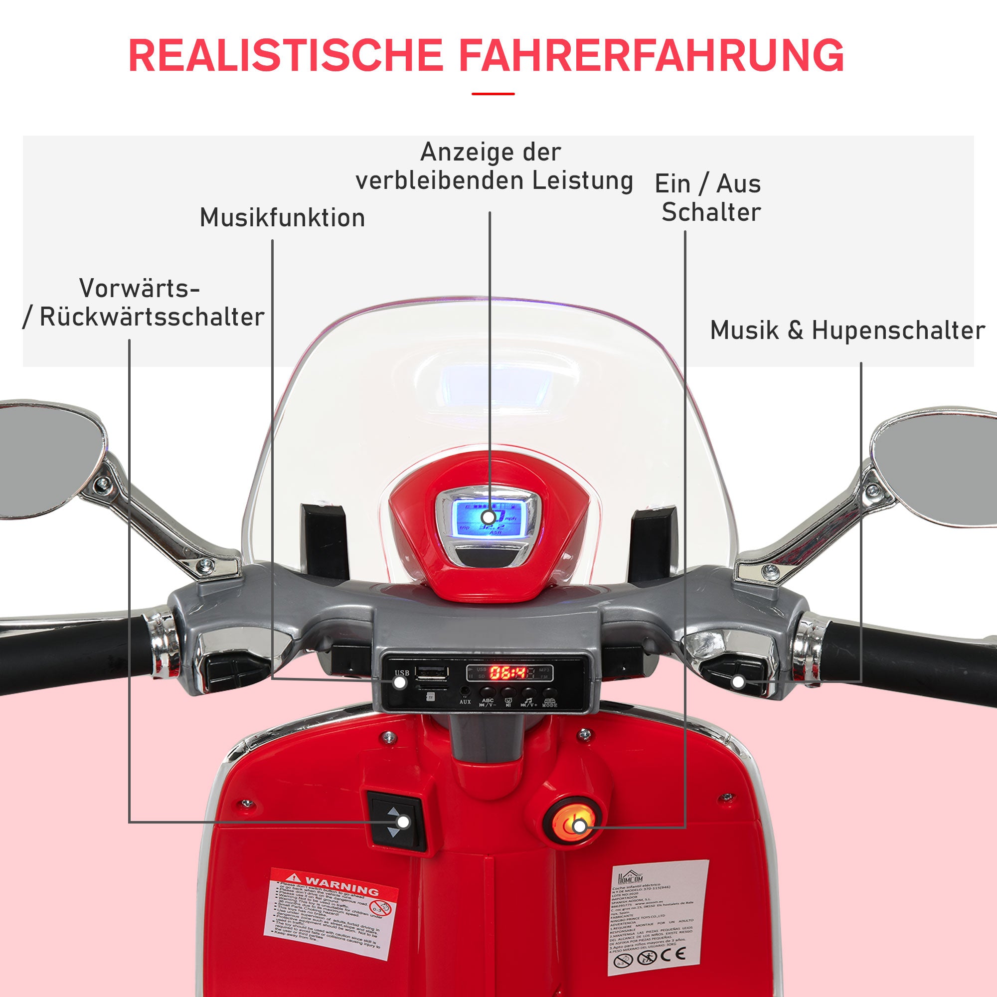 Kids' Electric Motorcycle, 6V Children's Motorcycle with Headlight, Music, Forward and Reverse Gear, Training Wheels, 30 kg Capacity, Electric Motorcycle for 3-6 Years Old Kids, Red
