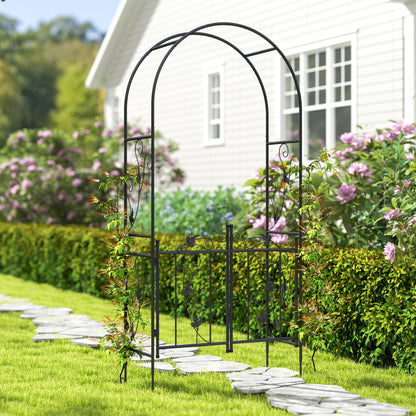 Garden Arch with Gate Trellis for Climbing Plants, Wedding and Party Metal Arch, 2.2x1 m, Black