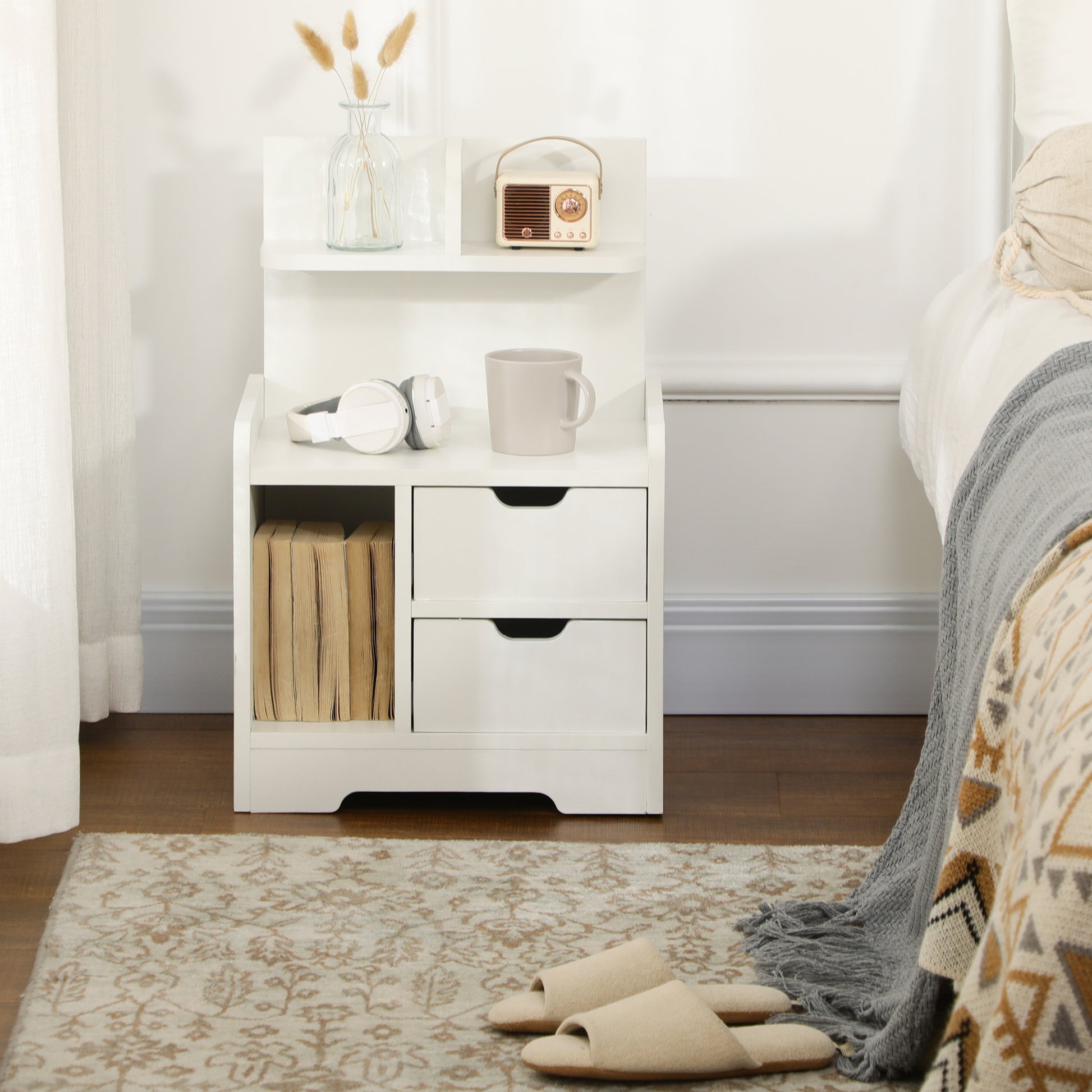Modern Nightstand Bedside Table with 2 Drawers and 3 Storage Compartments for Living Room Bedroom Load 30 kg 40x30x60 cm White