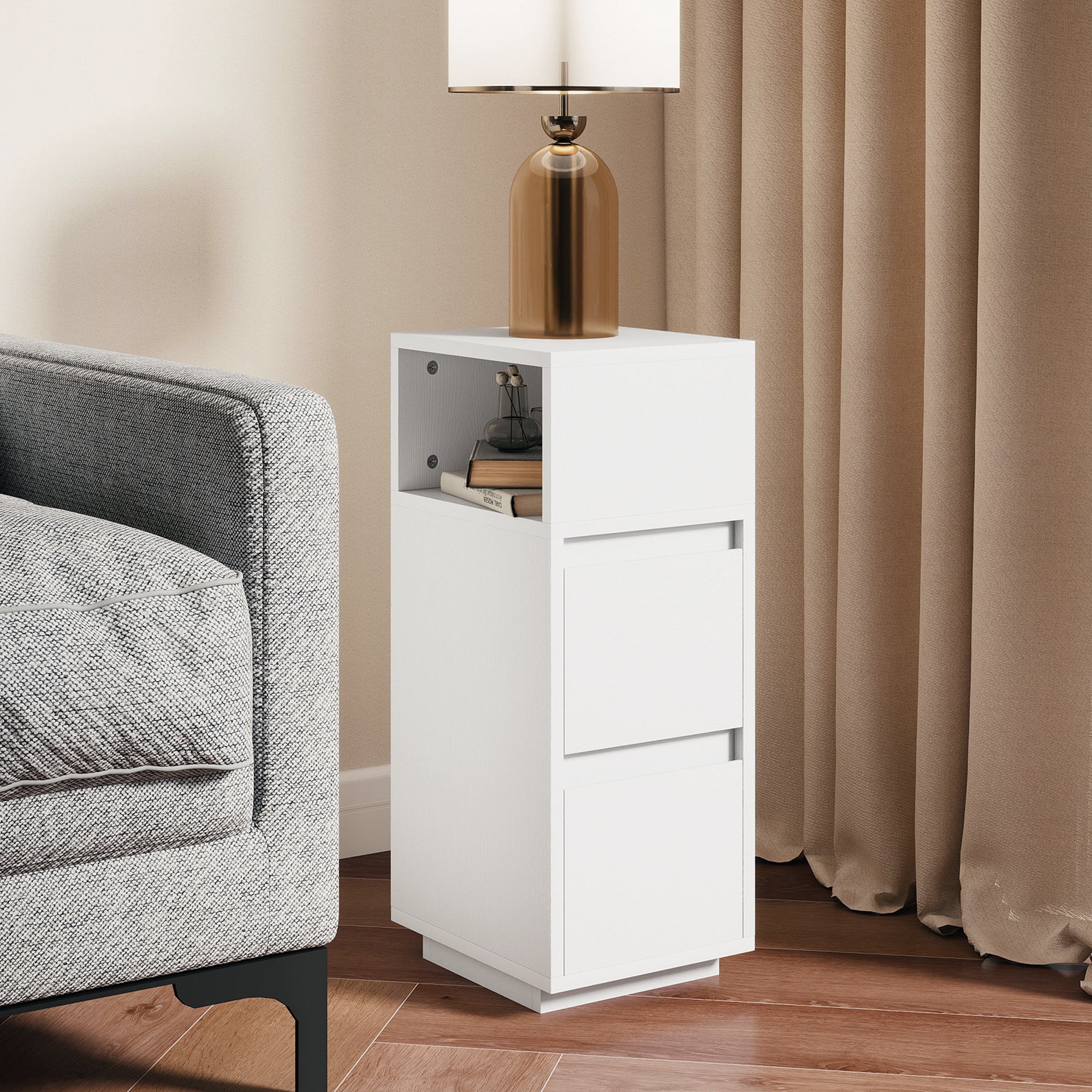 Set of 2 Slim Tall Nightstands with 2 Drawers & Open Shelf — Space-Saving Modern Bedside Tables for Bedroom & Living Room, 9.8x11.8x25.6 in, White