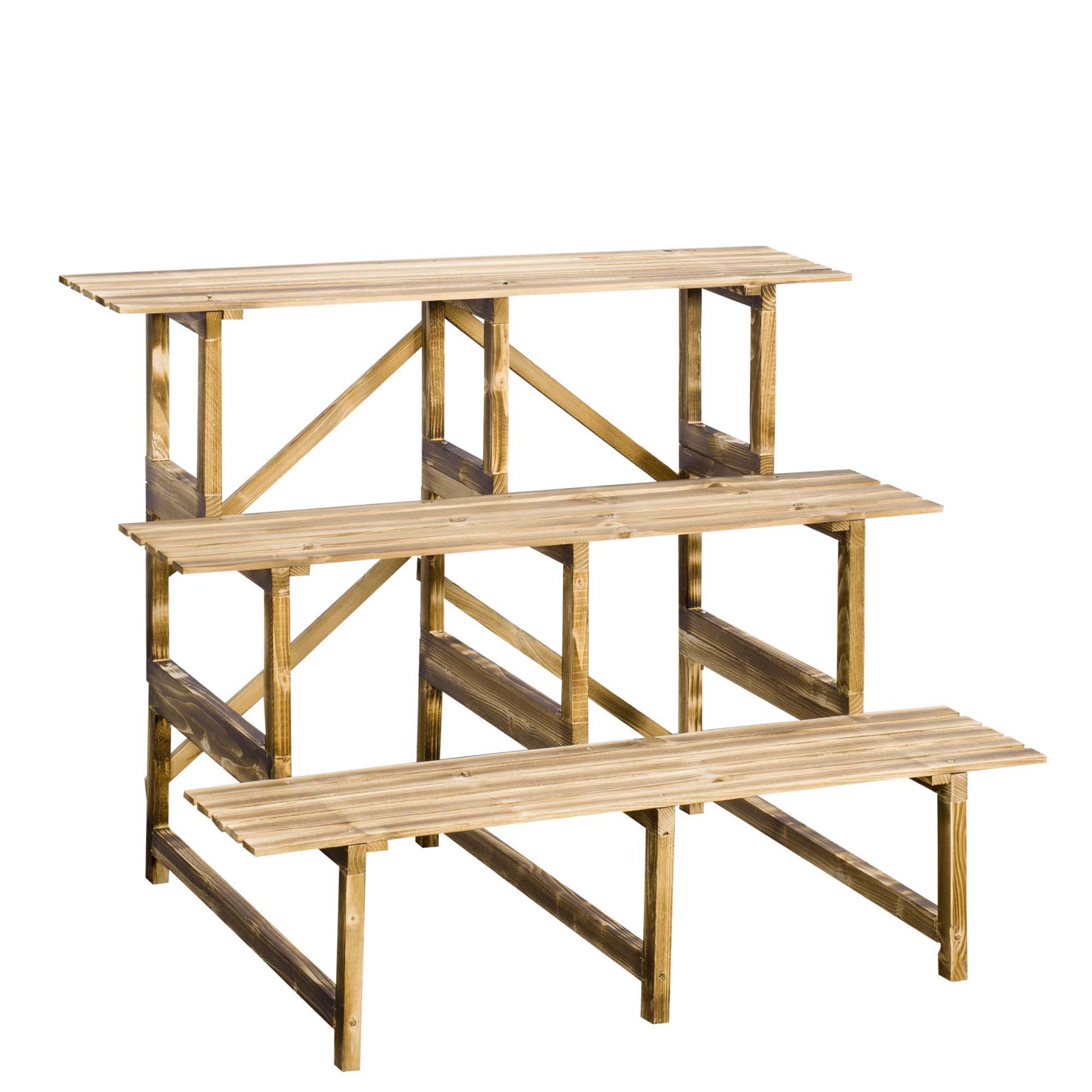 3-Tier Plant Stand, foldable 78 cm high Flower Stand for Indoor Outdoor, Wooden Plant Shelf, Flower Pot Stand with Trays, Flower Stairs for Living Room, Garden Balcony, Natural Wood