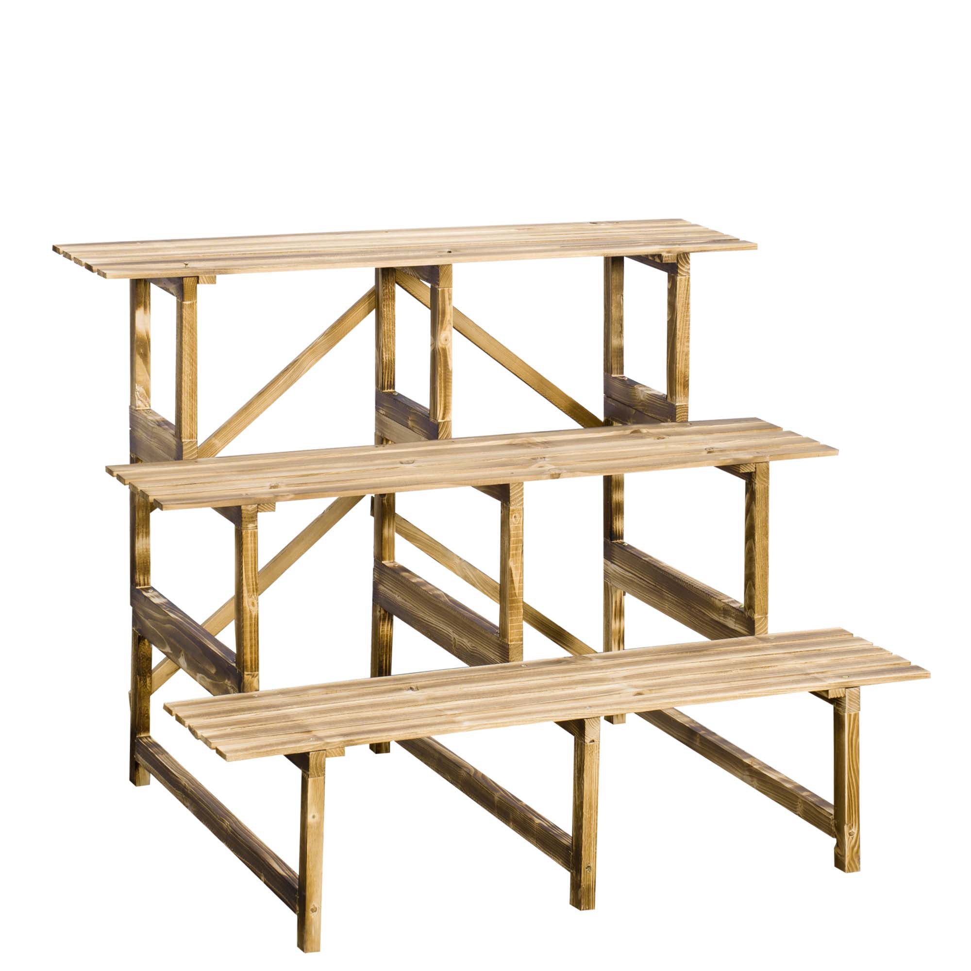 3-Tier Plant Stand, foldable 78 cm high Flower Stand for Indoor Outdoor, Wooden Plant Shelf, Flower Pot Stand with Trays, Flower Stairs for Living Room, Garden Balcony, Natural Wood