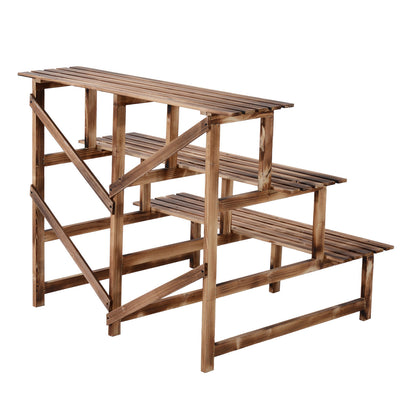 3-Tier Plant Stand, foldable 78 cm high Flower Stand for Indoor Outdoor, Wooden Plant Shelf, Flower Pot Stand with Trays, Flower Stairs for Living Room, Garden Balcony, Natural Wood