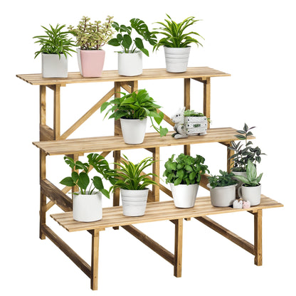 3-Tier Plant Stand, foldable 78 cm high Flower Stand for Indoor Outdoor, Wooden Plant Shelf, Flower Pot Stand with Trays, Flower Stairs for Living Room, Garden Balcony, Natural Wood