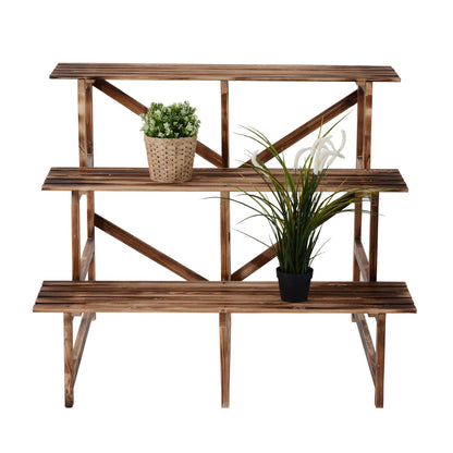 3-Tier Plant Stand, foldable 78 cm high Flower Stand for Indoor Outdoor, Wooden Plant Shelf, Flower Pot Stand with Trays, Flower Stairs for Living Room, Garden Balcony, Natural Wood