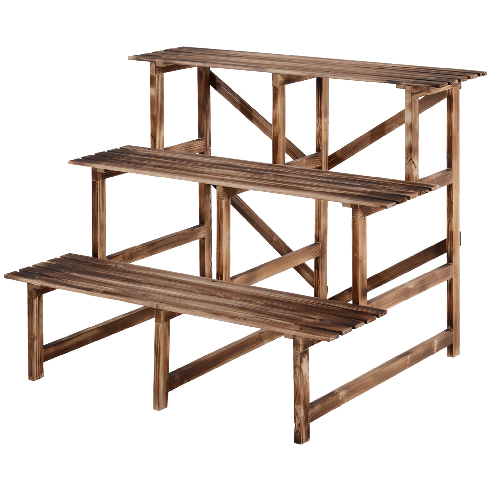 3-Tier Plant Stand, foldable 78 cm high Flower Stand for Indoor Outdoor, Wooden Plant Shelf, Flower Pot Stand with Trays, Flower Stairs for Living Room, Garden Balcony, Natural Wood