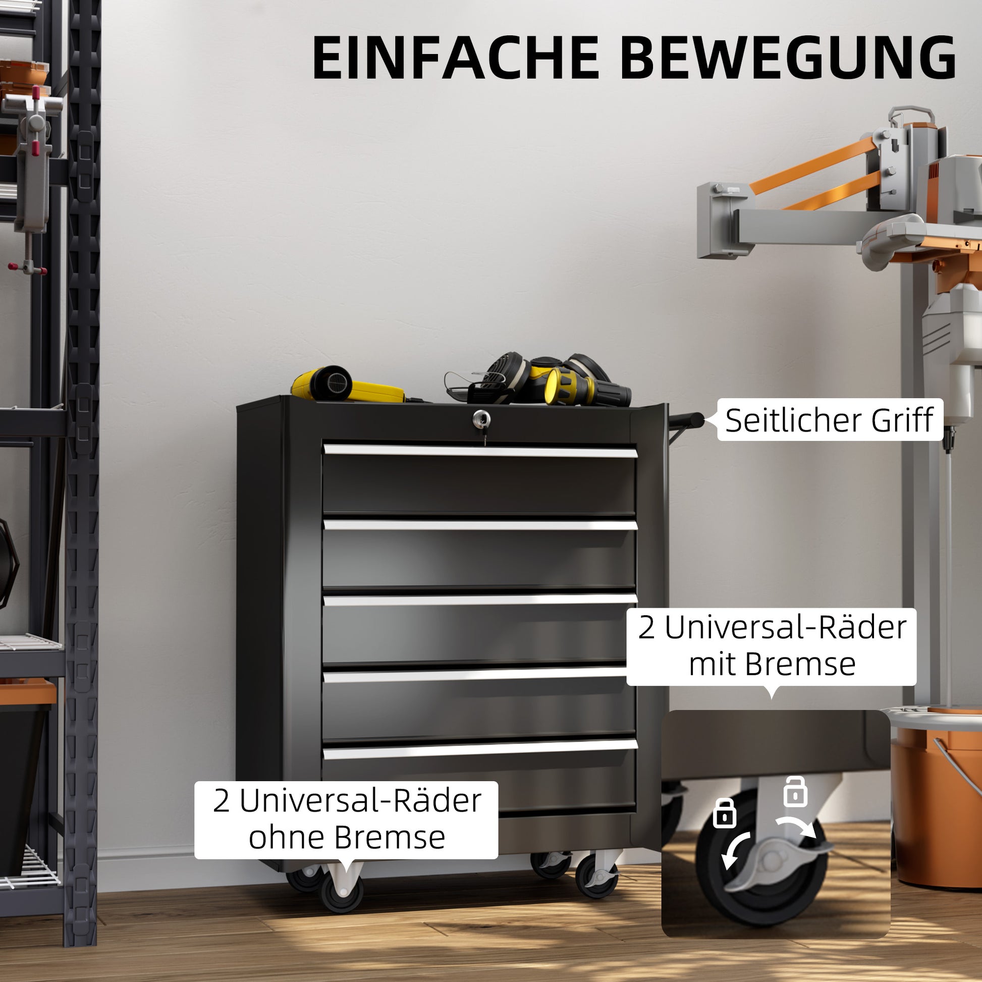 Tool Storage Trolley Empty Tool Cart with 5 Drawers, 2 Keys, Anti-slip Mats, Tool Cabinet with Handle Black