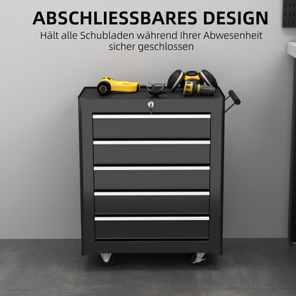Tool Storage Trolley Empty Tool Cart with 5 Drawers, 2 Keys, Anti-slip Mats, Tool Cabinet with Handle Black