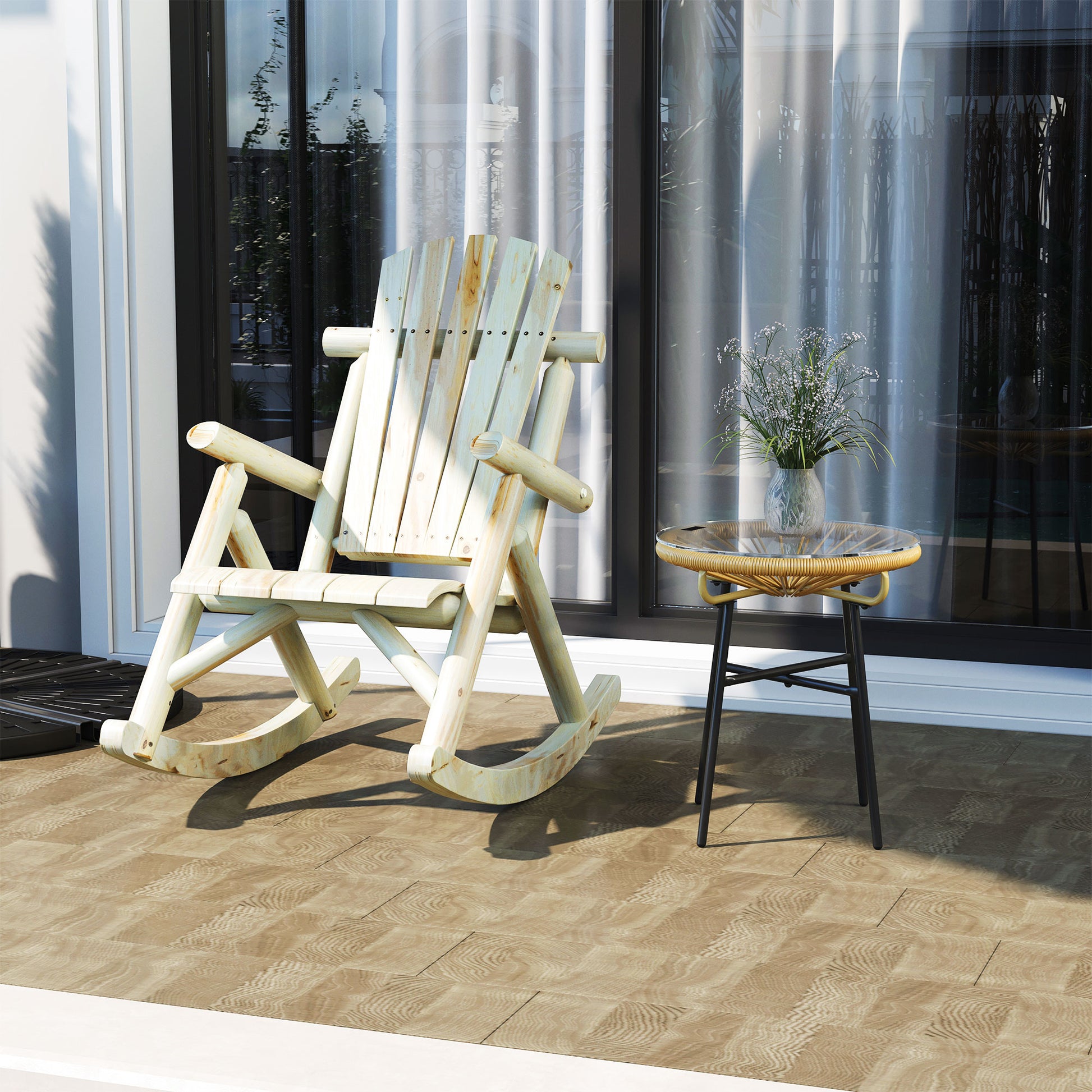 Wooden Rocking Chair Rocking Armchair with High Backrest Weatherproof Garden Chair up to 113kg Load Capacity Relaxing Chair for Living Room Garden, Lawn, Balcony Natural