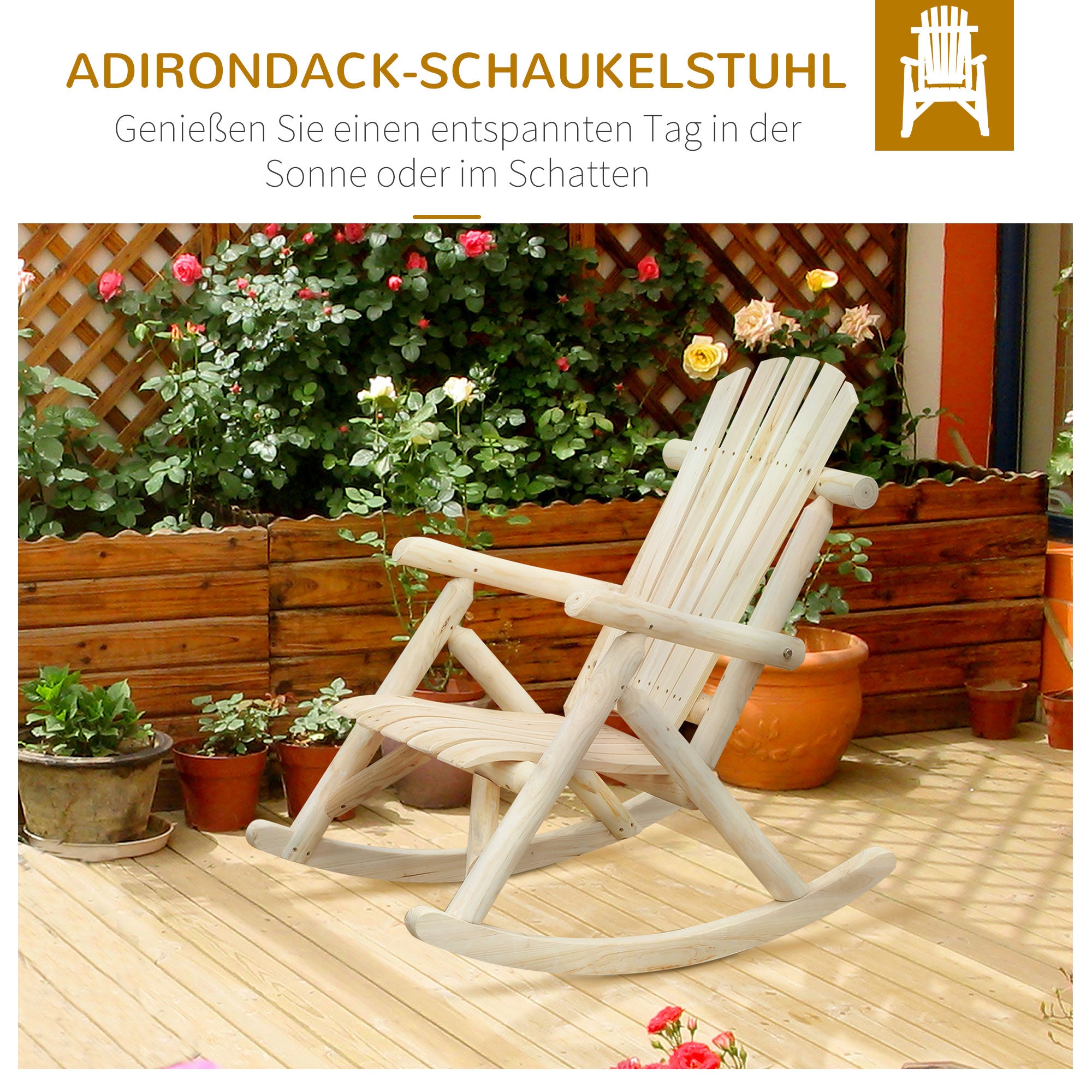 Wooden Rocking Chair Rocking Armchair with High Backrest Weatherproof Garden Chair up to 113kg Load Capacity Relaxing Chair for Living Room Garden, Lawn, Balcony Natural