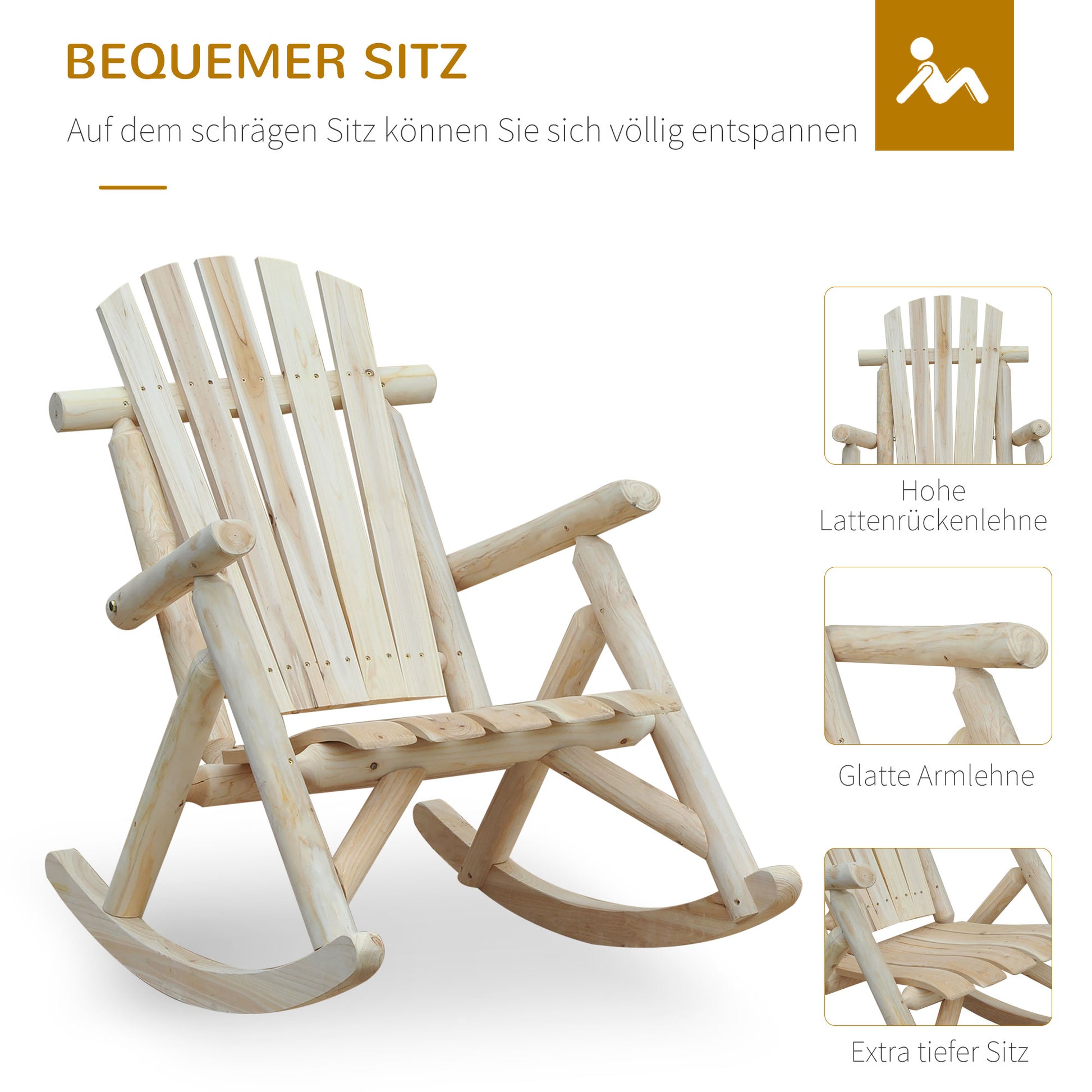 Wooden Rocking Chair Rocking Armchair with High Backrest Weatherproof Garden Chair up to 113kg Load Capacity Relaxing Chair for Living Room Garden, Lawn, Balcony Natural