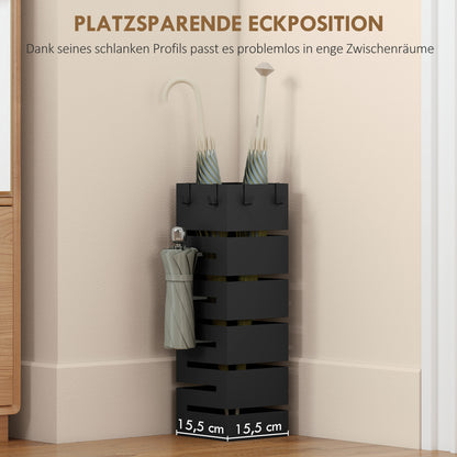 Metal Umbrella Stand, Square Holder with Removable Drip Tray & 4 Hooks, for Entryway, 15.5 x 15.5 x 49 cm (6.1 x 6.1 x 19.3 in), Black