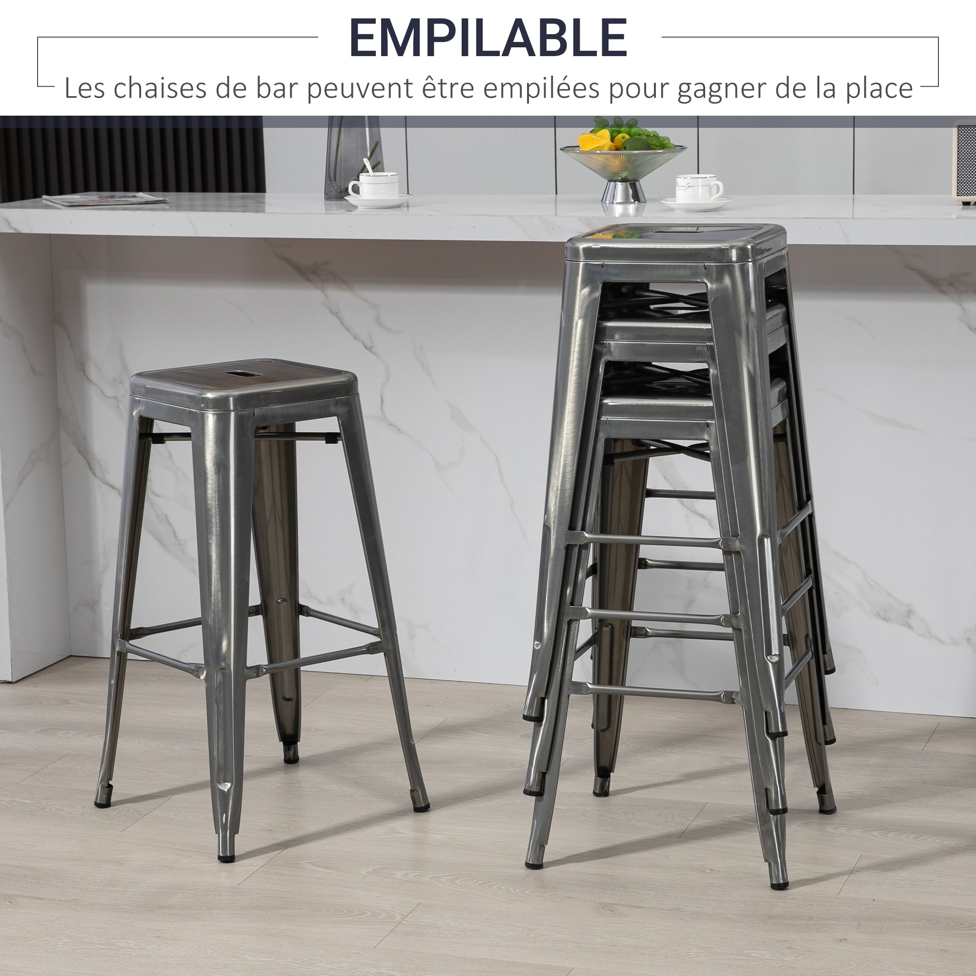 Set of 4 Stackable Industrial Bar Stools with Footrest Barstool Height 76 cm Silver Metal