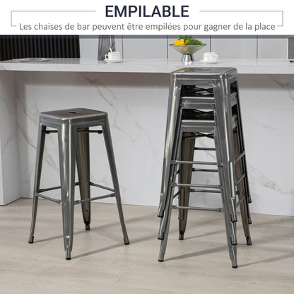Set of 4 Stackable Industrial Bar Stools with Footrest Barstool Height 76 cm Silver Metal