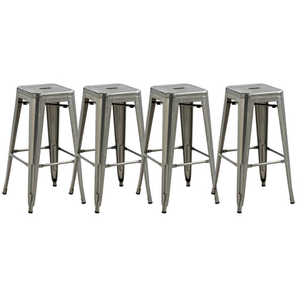 Set of 4 Stackable Industrial Bar Stools with Footrest Barstool Height 76 cm Silver Metal