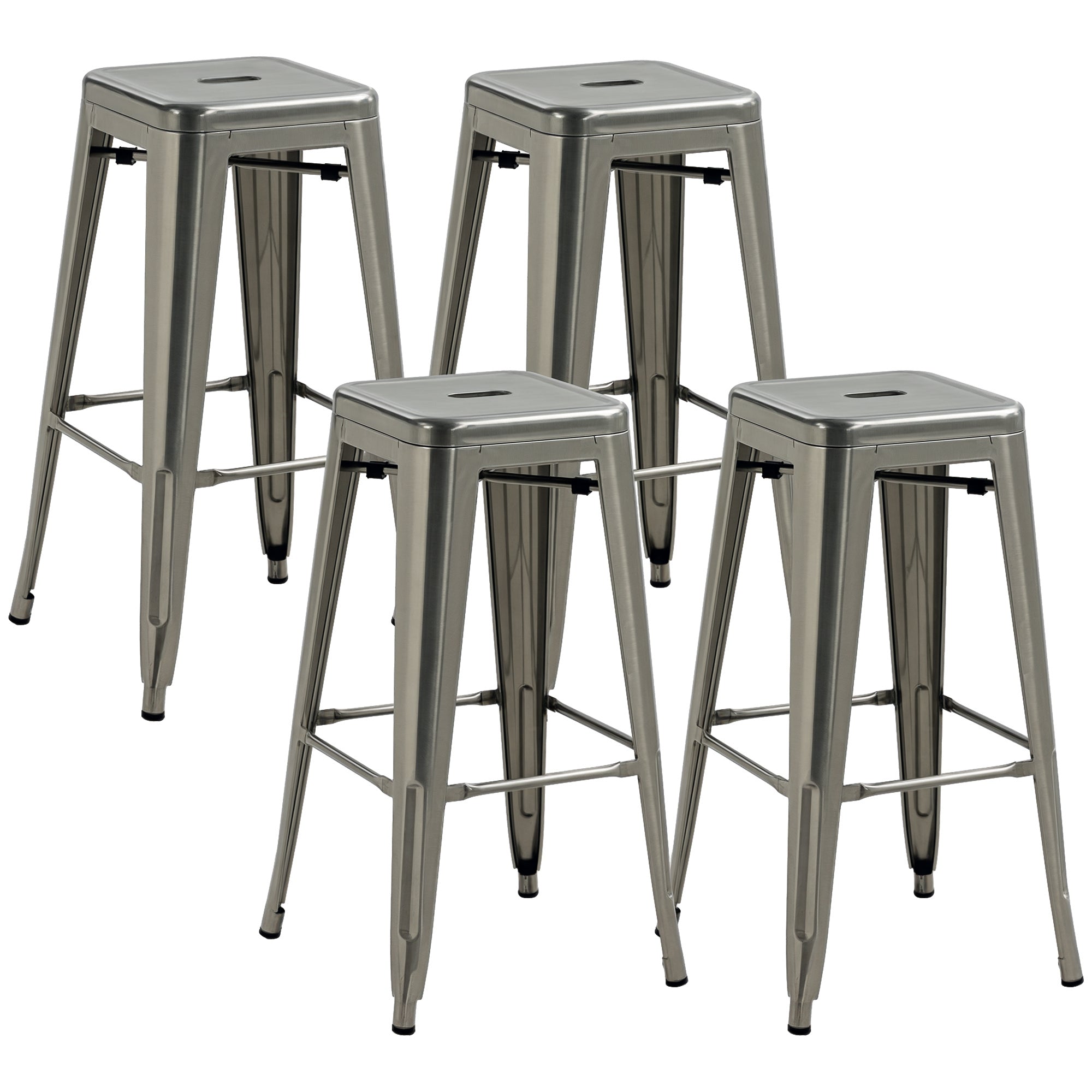Set of 4 Stackable Industrial Bar Stools with Footrest Barstool Height 76 cm Silver Metal