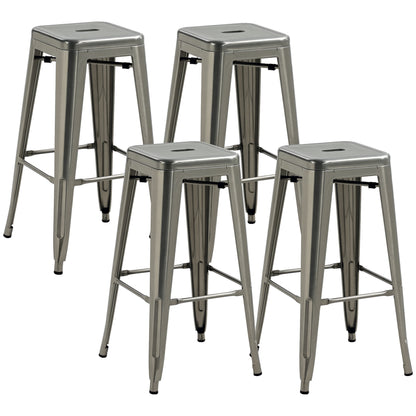 Set of 4 Stackable Industrial Bar Stools with Footrest Barstool Height 76 cm Silver Metal