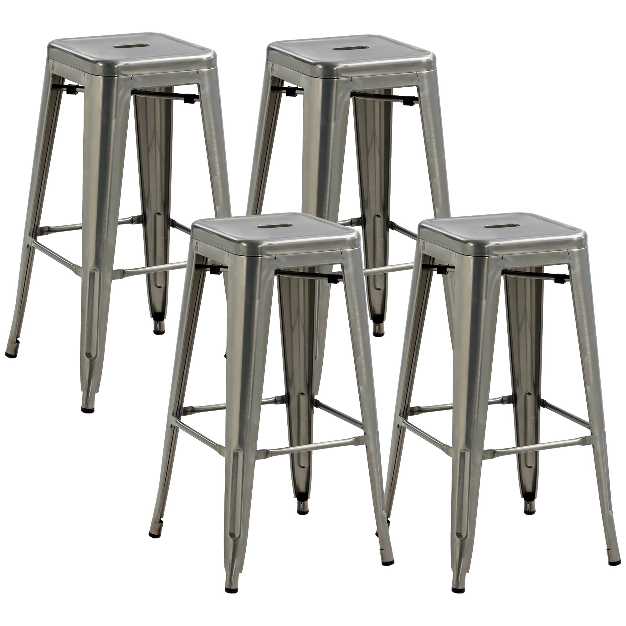 Set of 4 Stackable Industrial Bar Stools with Footrest Barstool Height 76 cm Silver Metal