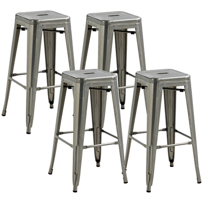 Set of 4 Stackable Industrial Bar Stools with Footrest Barstool Height 76 cm Silver Metal