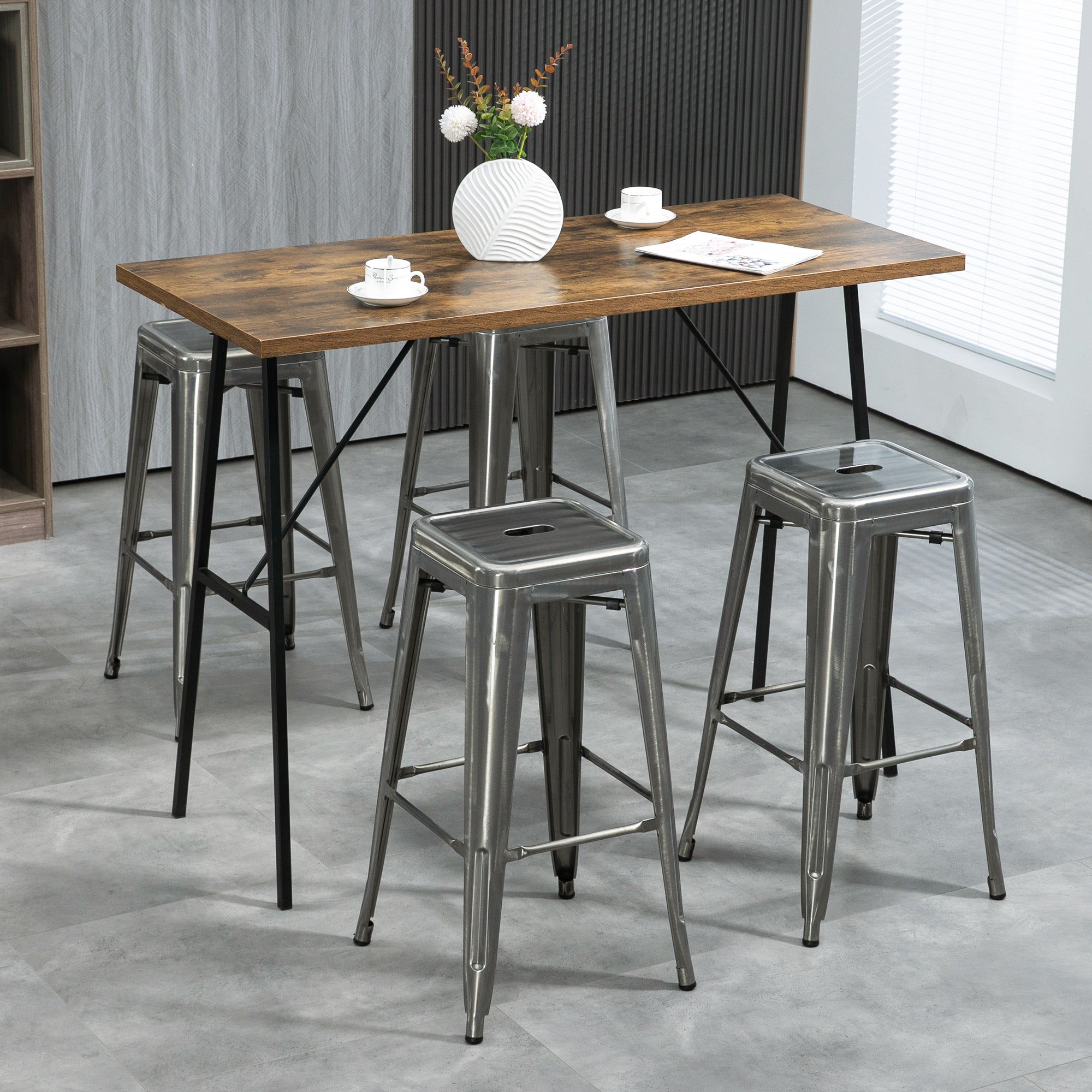 Set of 4 Stackable Industrial Bar Stools with Footrest Barstool Height 76 cm Silver Metal