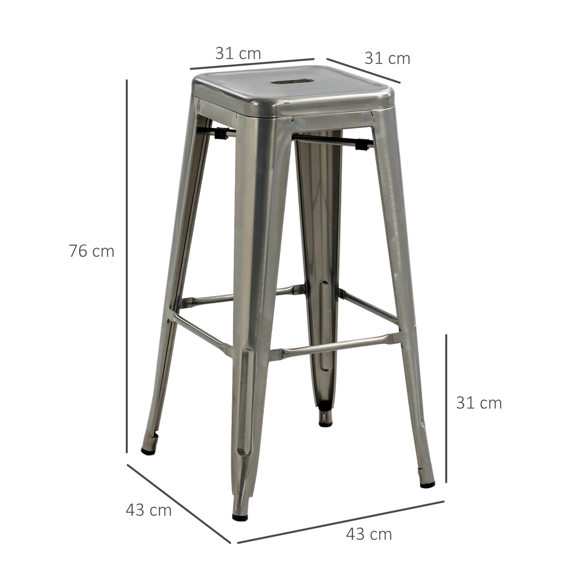 Set of 4 Stackable Industrial Bar Stools with Footrest Barstool Height 76 cm Silver Metal