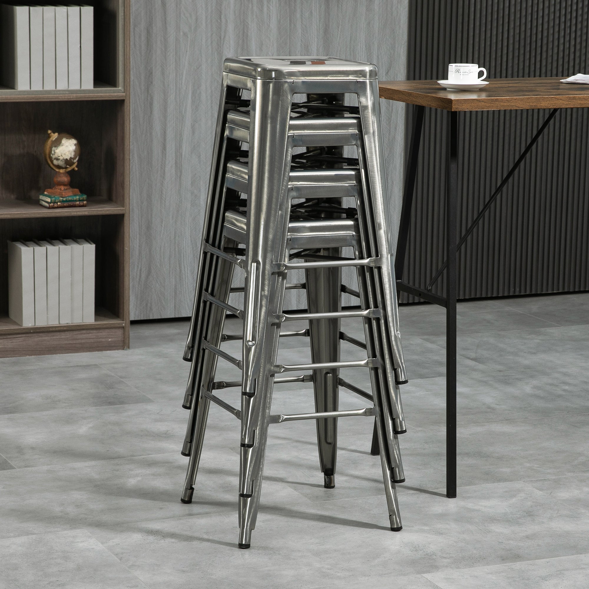 Set of 4 Stackable Industrial Bar Stools with Footrest Barstool Height 76 cm Silver Metal