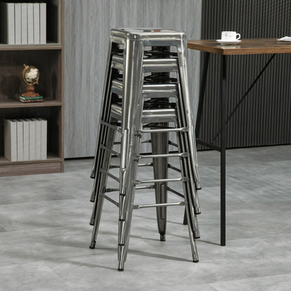 Set of 4 Stackable Industrial Bar Stools with Footrest Barstool Height 76 cm Silver Metal