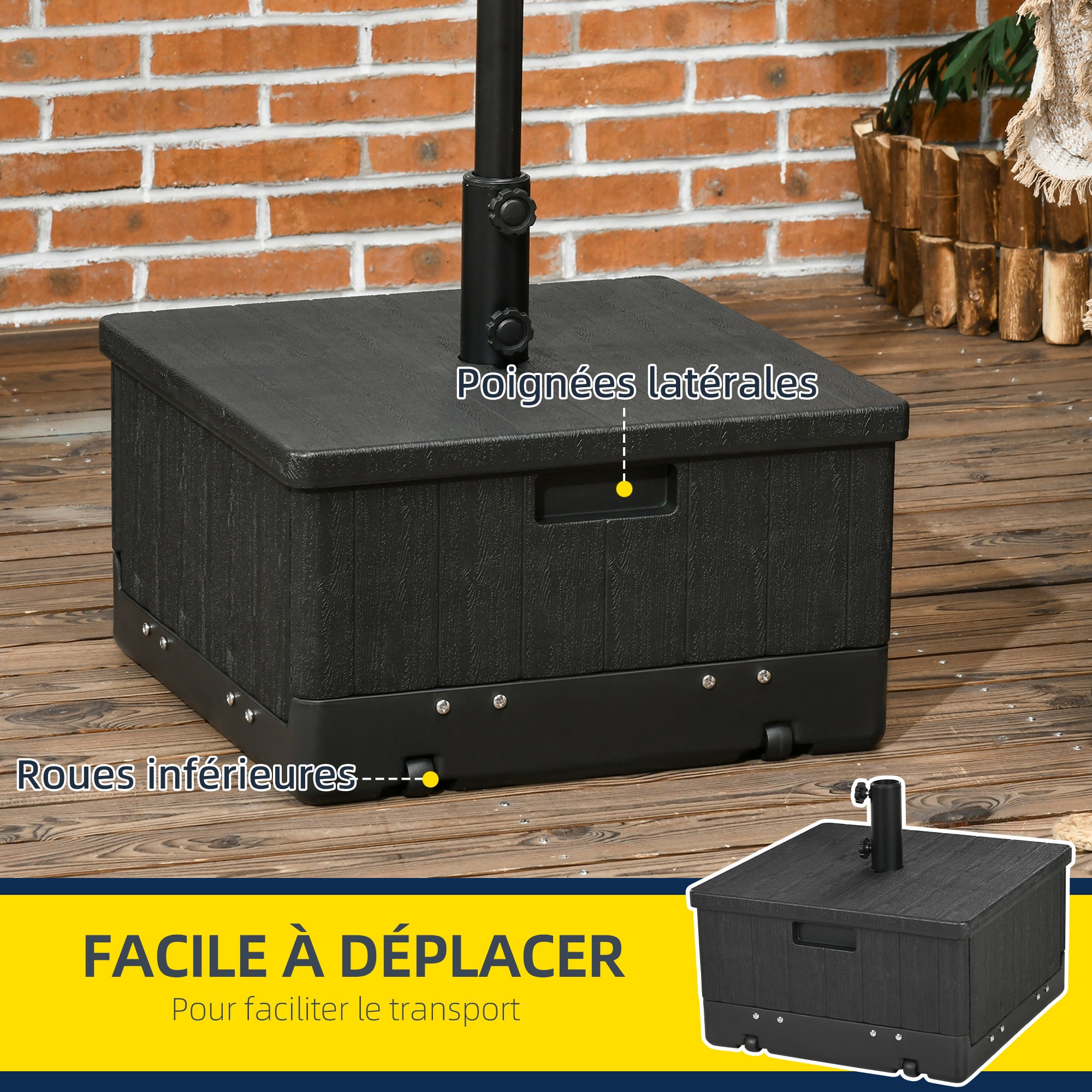 Parasol Stand Base Side Table Planter with Drainage Wheels and Handles PE and Metal 53L x 53W x 47H cm Black