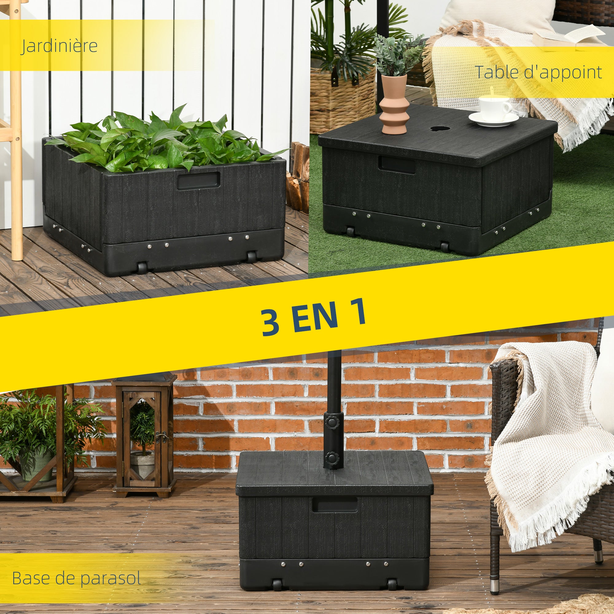 Parasol Stand Base Side Table Planter with Drainage Wheels and Handles PE and Metal 53L x 53W x 47H cm Black