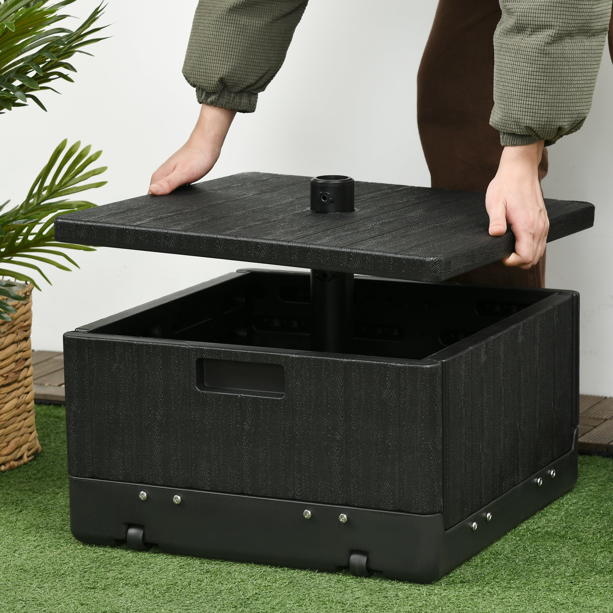 Parasol Stand Base Side Table Planter with Drainage Wheels and Handles PE and Metal 53L x 53W x 47H cm Black