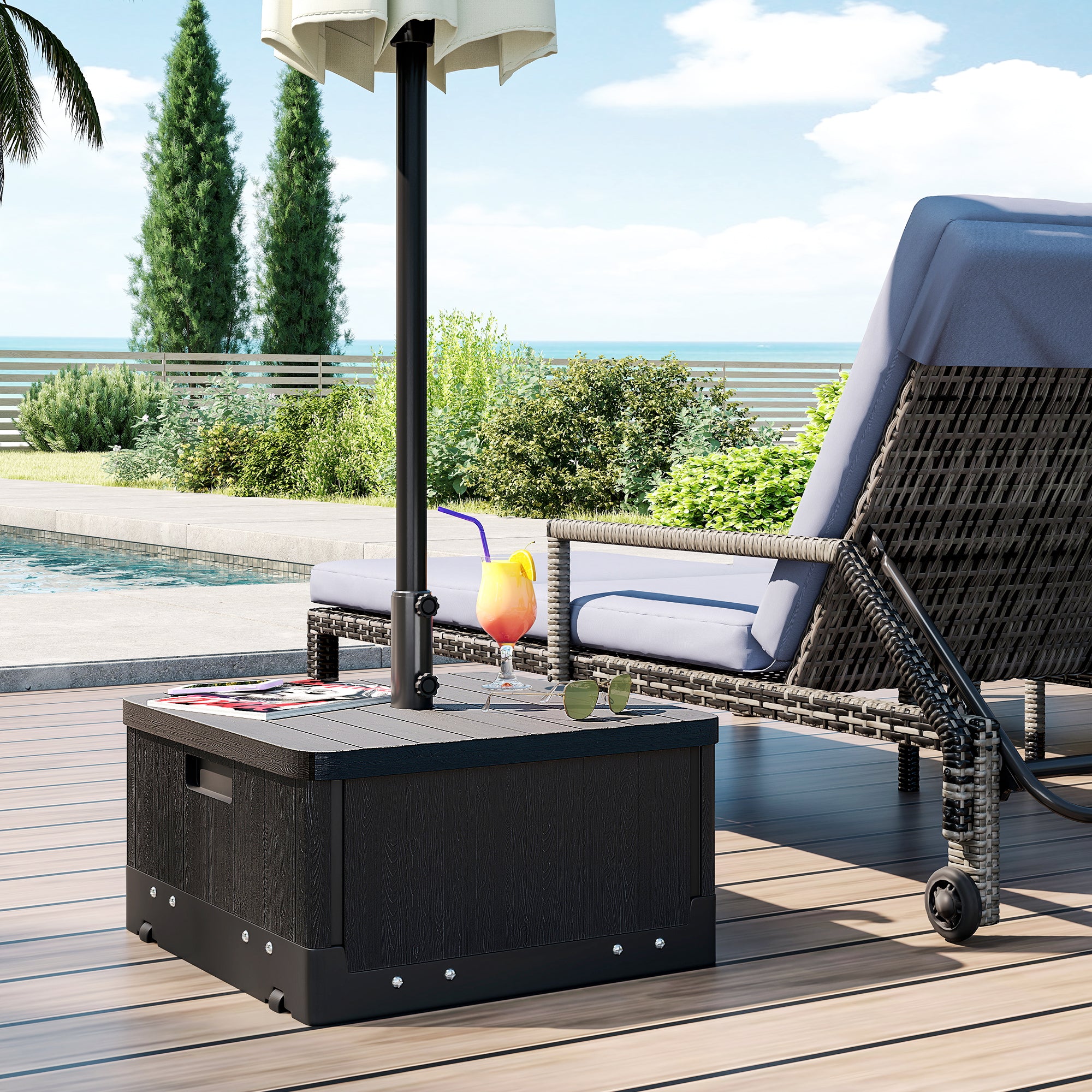 Parasol Stand Base Side Table Planter with Drainage Wheels and Handles PE and Metal 53L x 53W x 47H cm Black