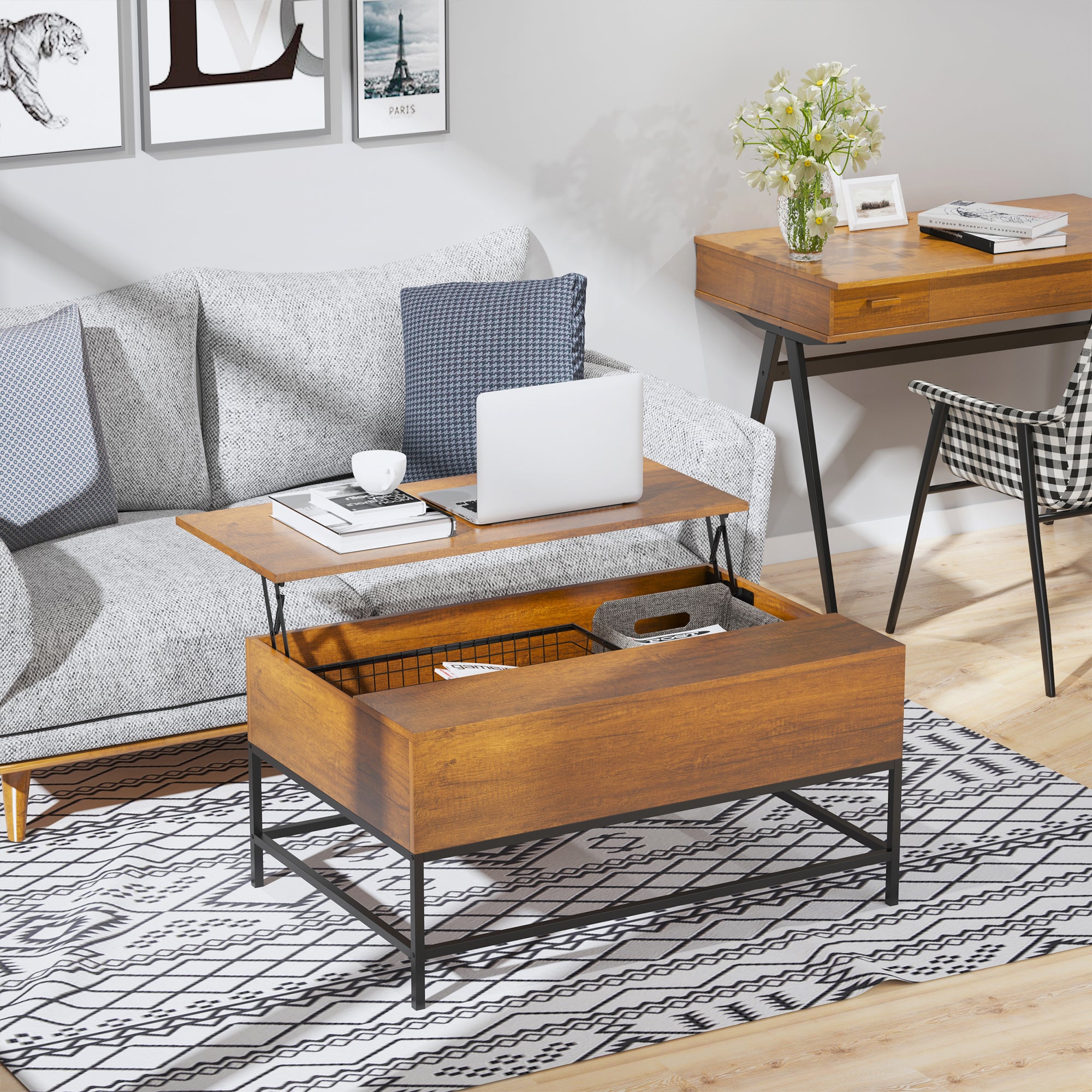 Lift-Top Coffee Table Coffee Table with Hidden Storage Space Lift-Top Table for Living Room Dining Room 90x60.5x45.5 cm Teak