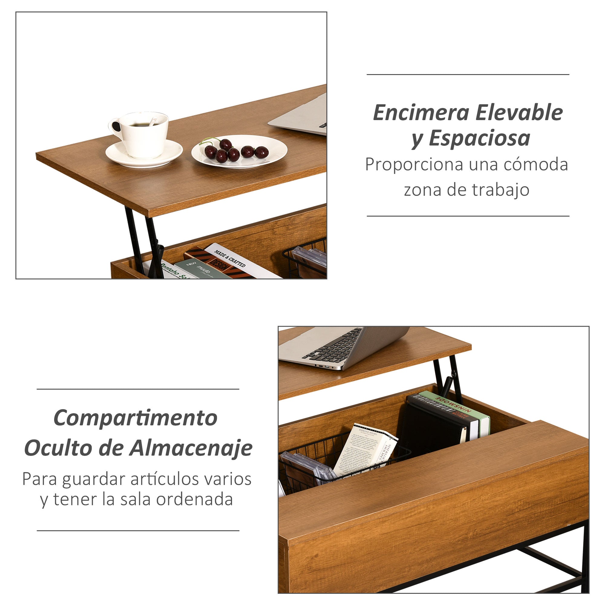 Lift-Top Coffee Table Coffee Table with Hidden Storage Space Lift-Top Table for Living Room Dining Room 90x60.5x45.5 cm Teak