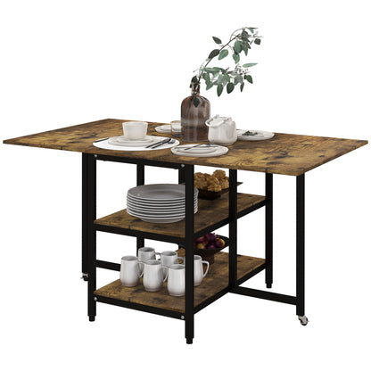 Extendable Folding Dining Table Rectangular Mobile Kitchen Table for 2-6 Persons with 2 Open Shelves Dining Table 140cm x 80cm x 75cm Rustic Brown
