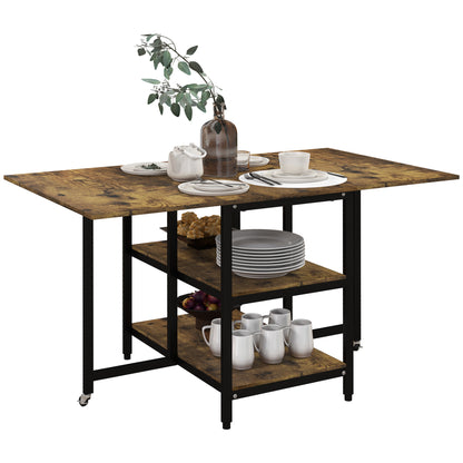 Extendable Folding Dining Table Rectangular Mobile Kitchen Table for 2-6 Persons with 2 Open Shelves Dining Table 140cm x 80cm x 75cm Rustic Brown