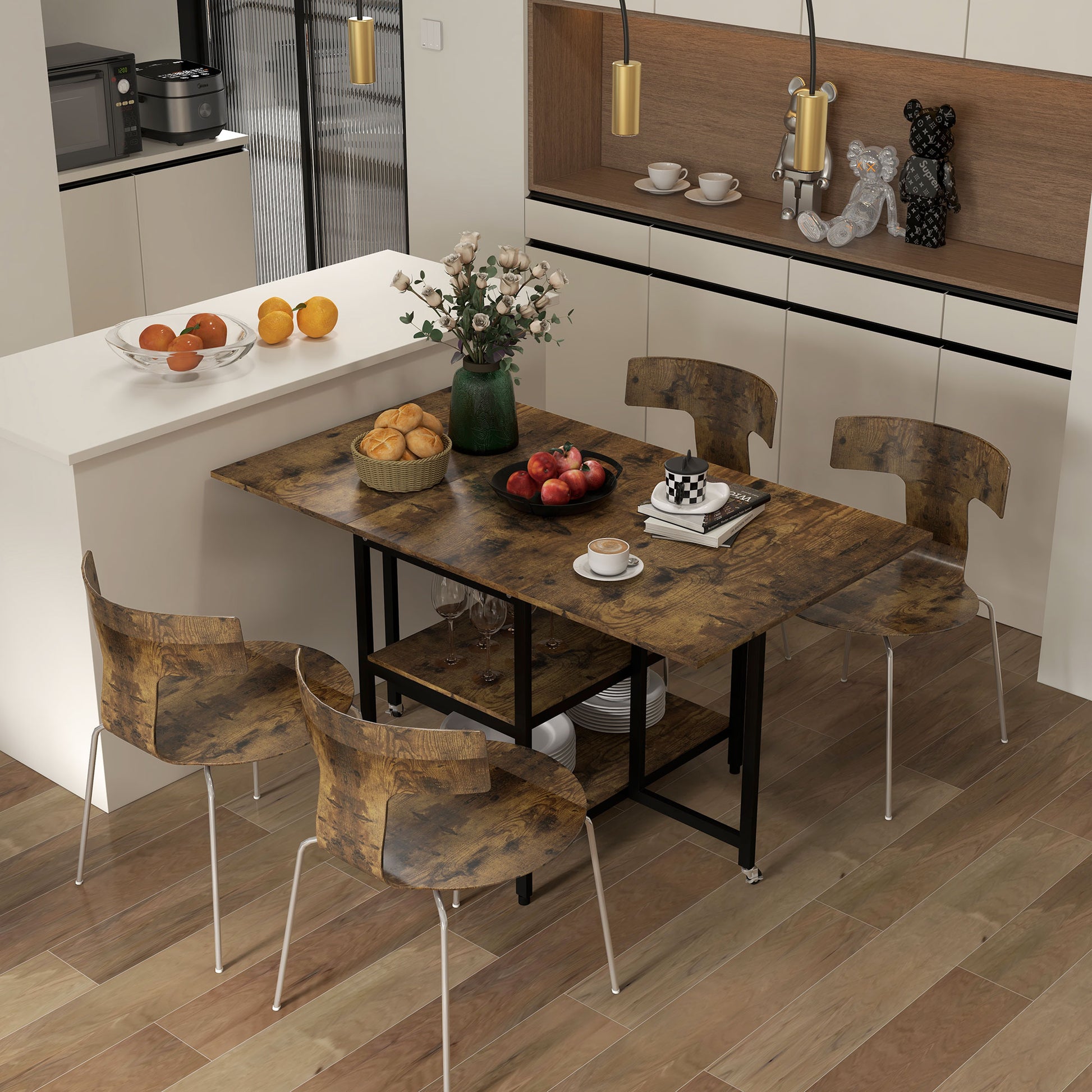 Extendable Folding Dining Table Rectangular Mobile Kitchen Table for 2-6 Persons with 2 Open Shelves Dining Table 140cm x 80cm x 75cm Rustic Brown