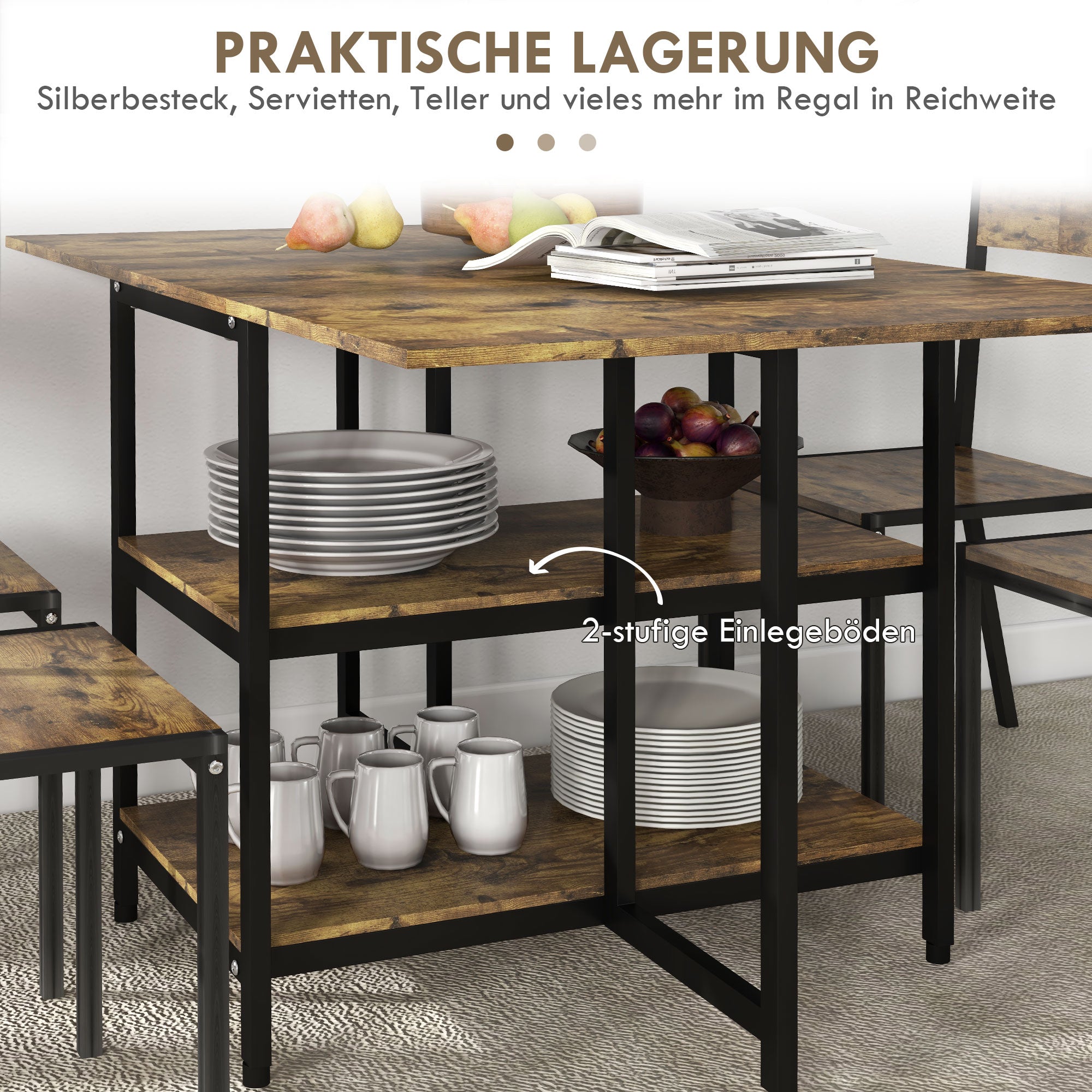 Extendable Folding Dining Table Rectangular Mobile Kitchen Table for 2-6 Persons with 2 Open Shelves Dining Table 140cm x 80cm x 75cm Rustic Brown