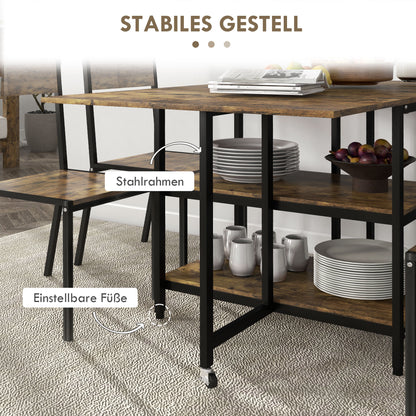 Extendable Folding Dining Table Rectangular Mobile Kitchen Table for 2-6 Persons with 2 Open Shelves Dining Table 140cm x 80cm x 75cm Rustic Brown