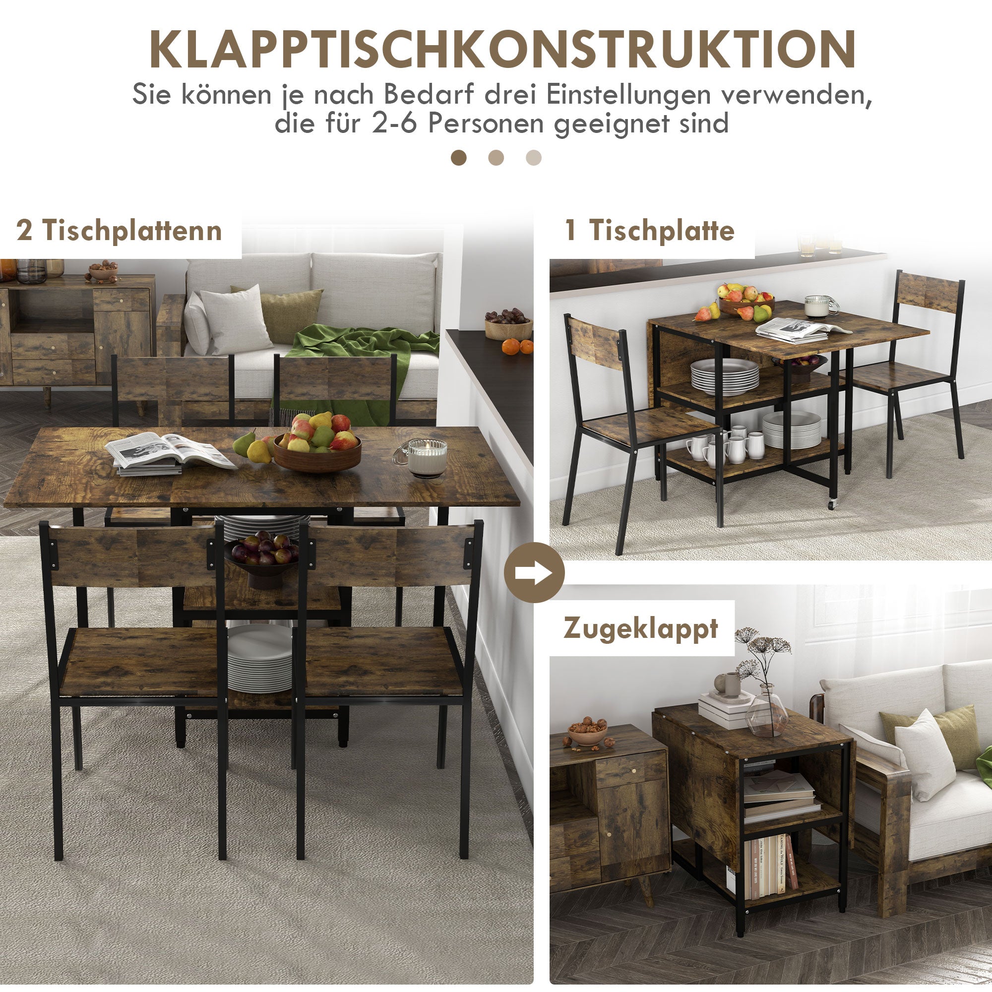 Extendable Folding Dining Table Rectangular Mobile Kitchen Table for 2-6 Persons with 2 Open Shelves Dining Table 140cm x 80cm x 75cm Rustic Brown