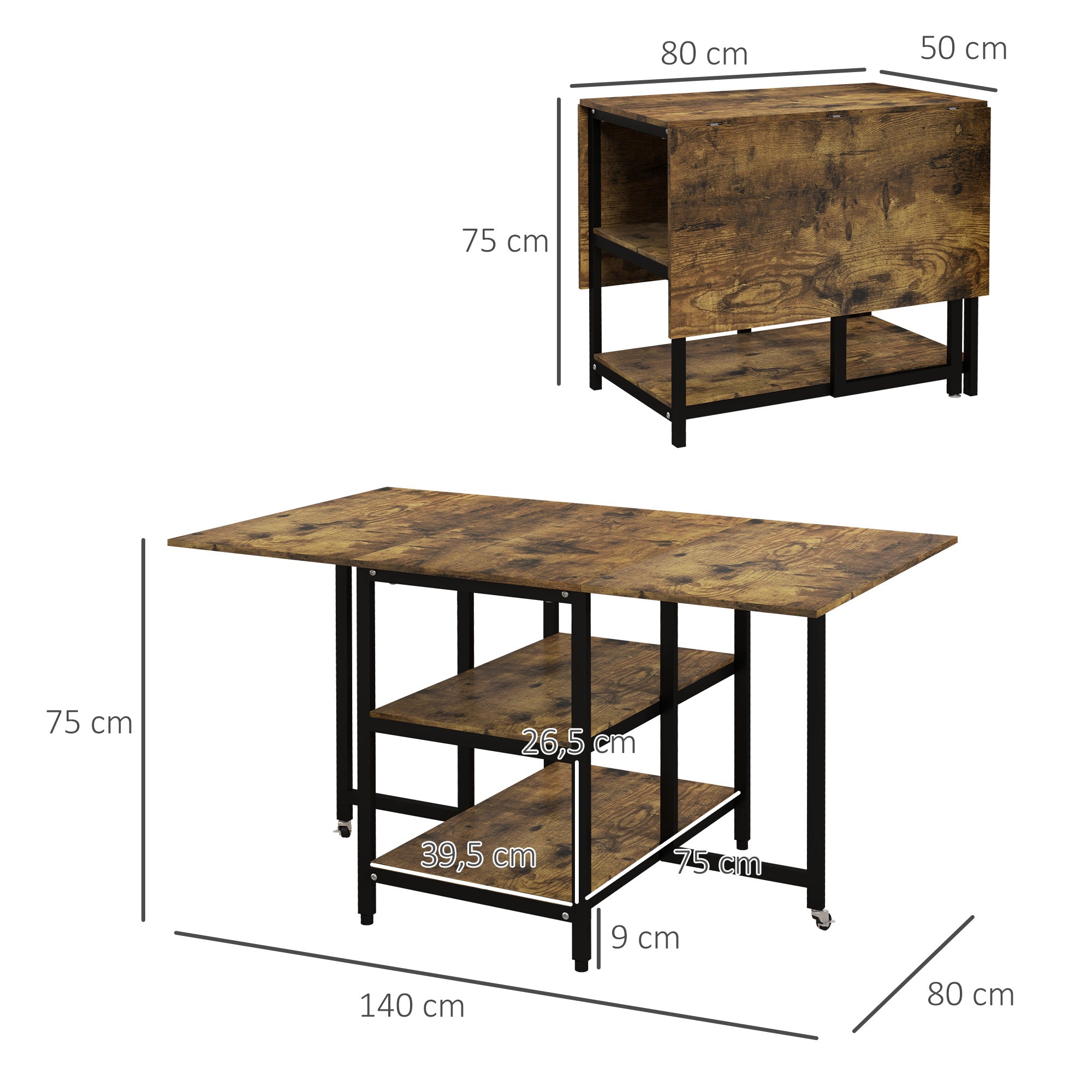 Extendable Folding Dining Table Rectangular Mobile Kitchen Table for 2-6 Persons with 2 Open Shelves Dining Table 140cm x 80cm x 75cm Rustic Brown