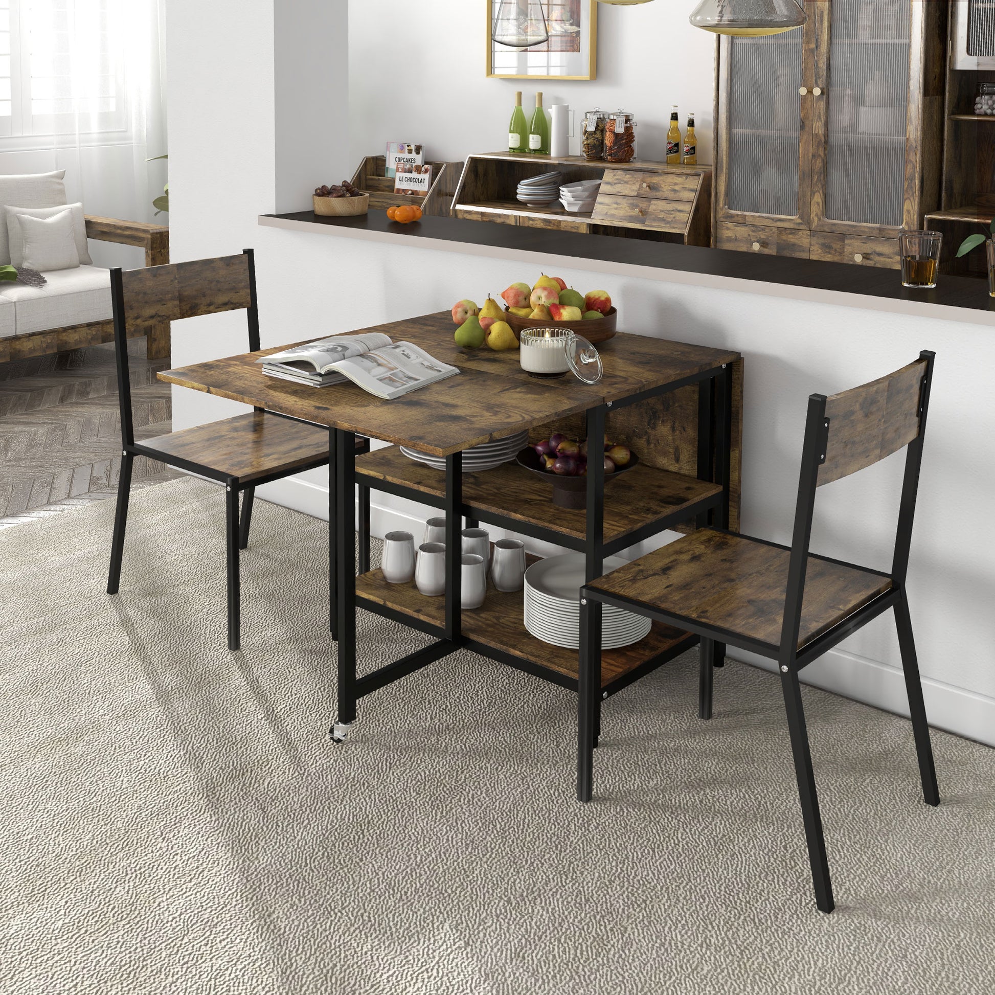 Extendable Folding Dining Table Rectangular Mobile Kitchen Table for 2-6 Persons with 2 Open Shelves Dining Table 140cm x 80cm x 75cm Rustic Brown