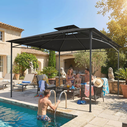 3 x 3 m Waterproof Garden Gazebo — Double Roof, Retractable Top Frame, UPF 50+, Powder-Coated Metal, Dark Gray