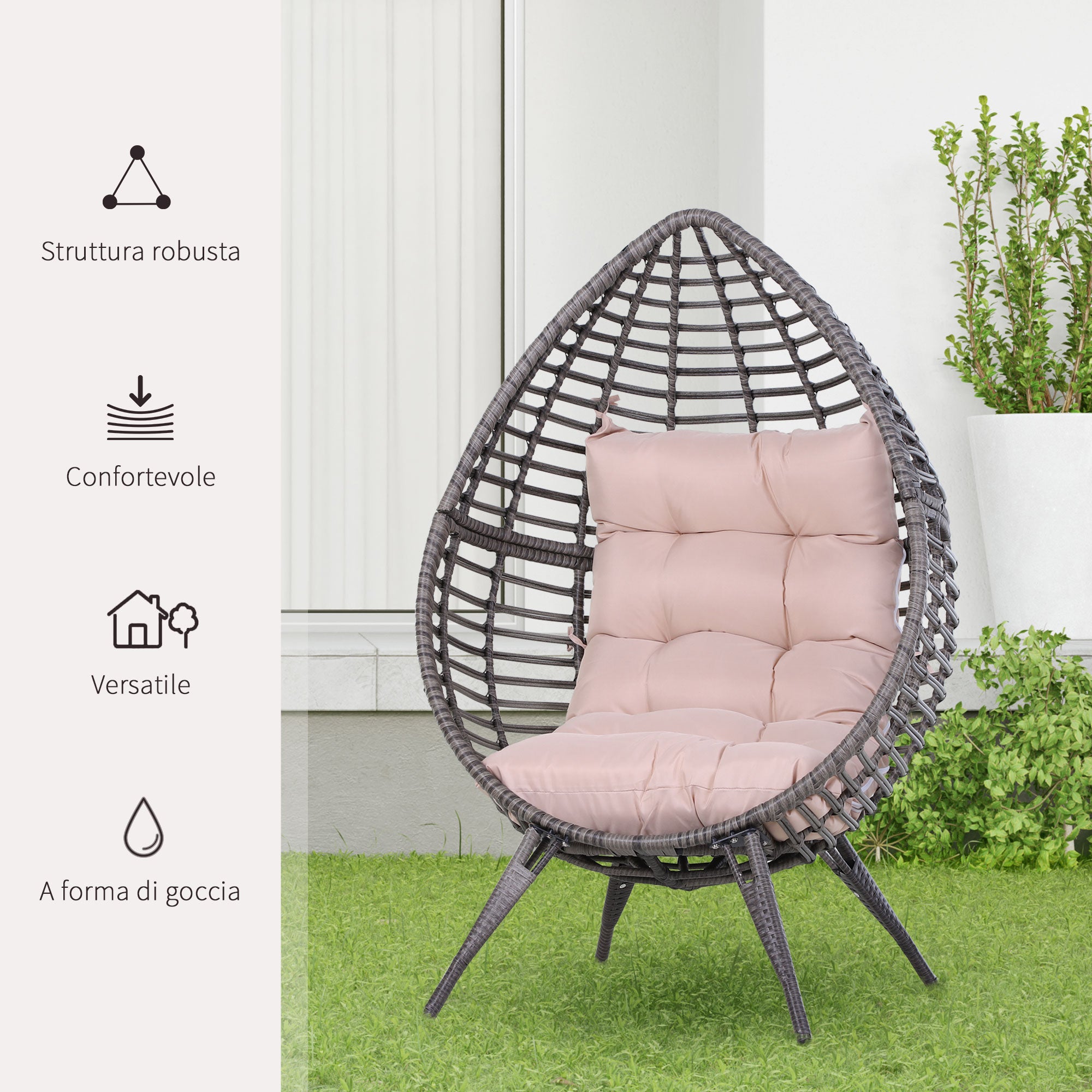 Outdoor Rattan Armchair with Gray and Beige Cushion Droplet Shape Boho Chic Style 101x89x156cm