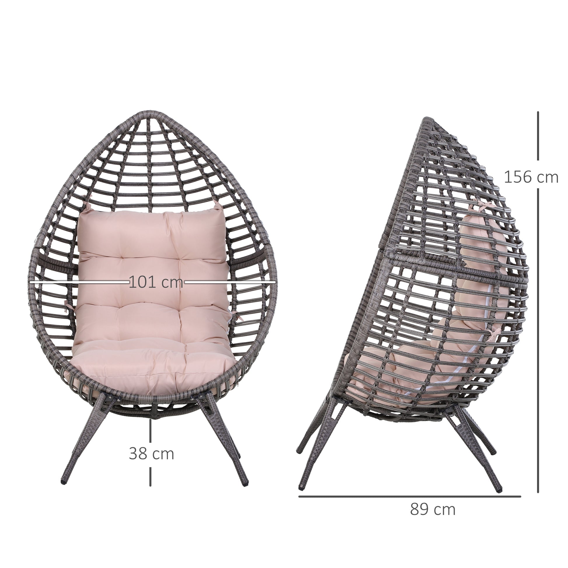 Outdoor Rattan Armchair with Gray and Beige Cushion Droplet Shape Boho Chic Style 101x89x156cm