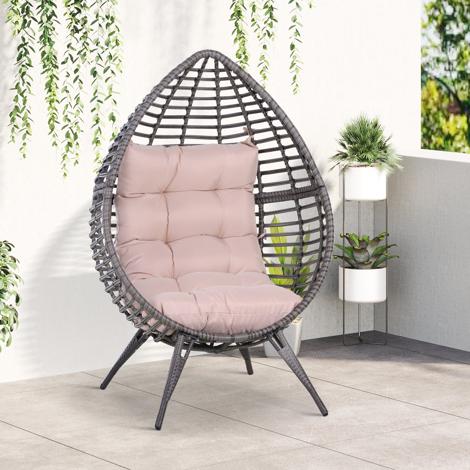 Outdoor Rattan Armchair with Gray and Beige Cushion Droplet Shape Boho Chic Style 101x89x156cm
