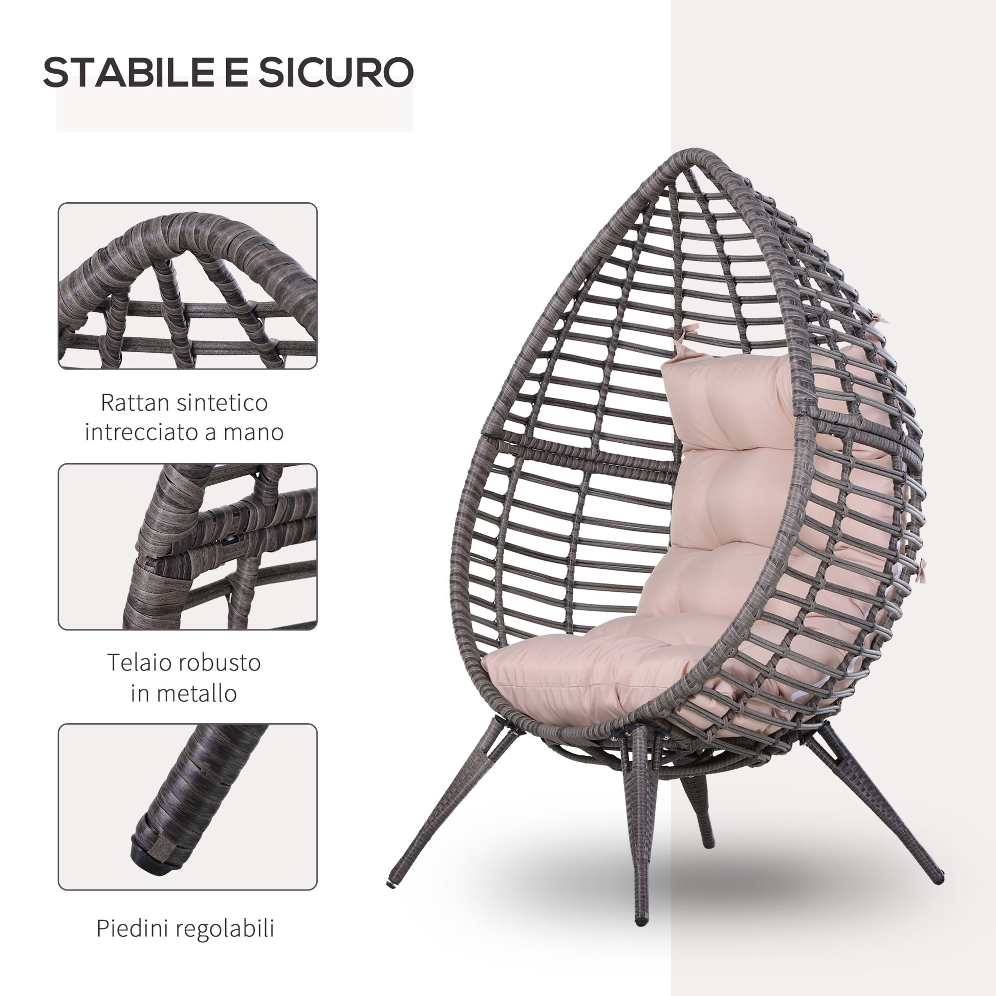 Outdoor Rattan Armchair with Gray and Beige Cushion Droplet Shape Boho Chic Style 101x89x156cm
