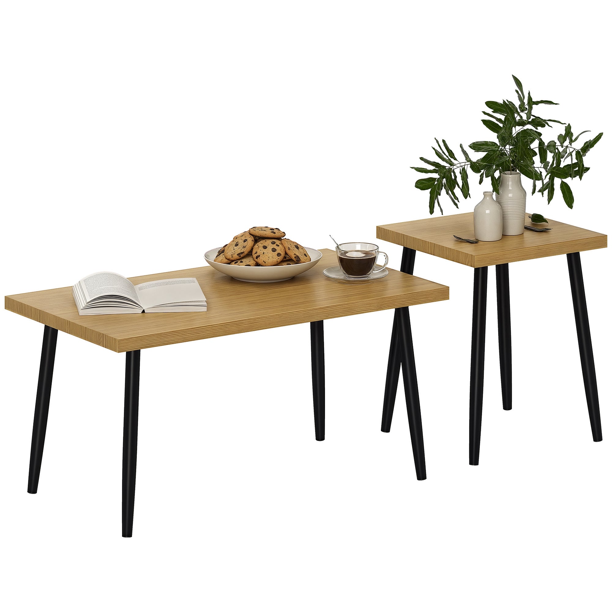 Coffee Table 2-Piece Set Side Table with Steel Frame, Living Room Coffee Table for Natural Wood Living Room