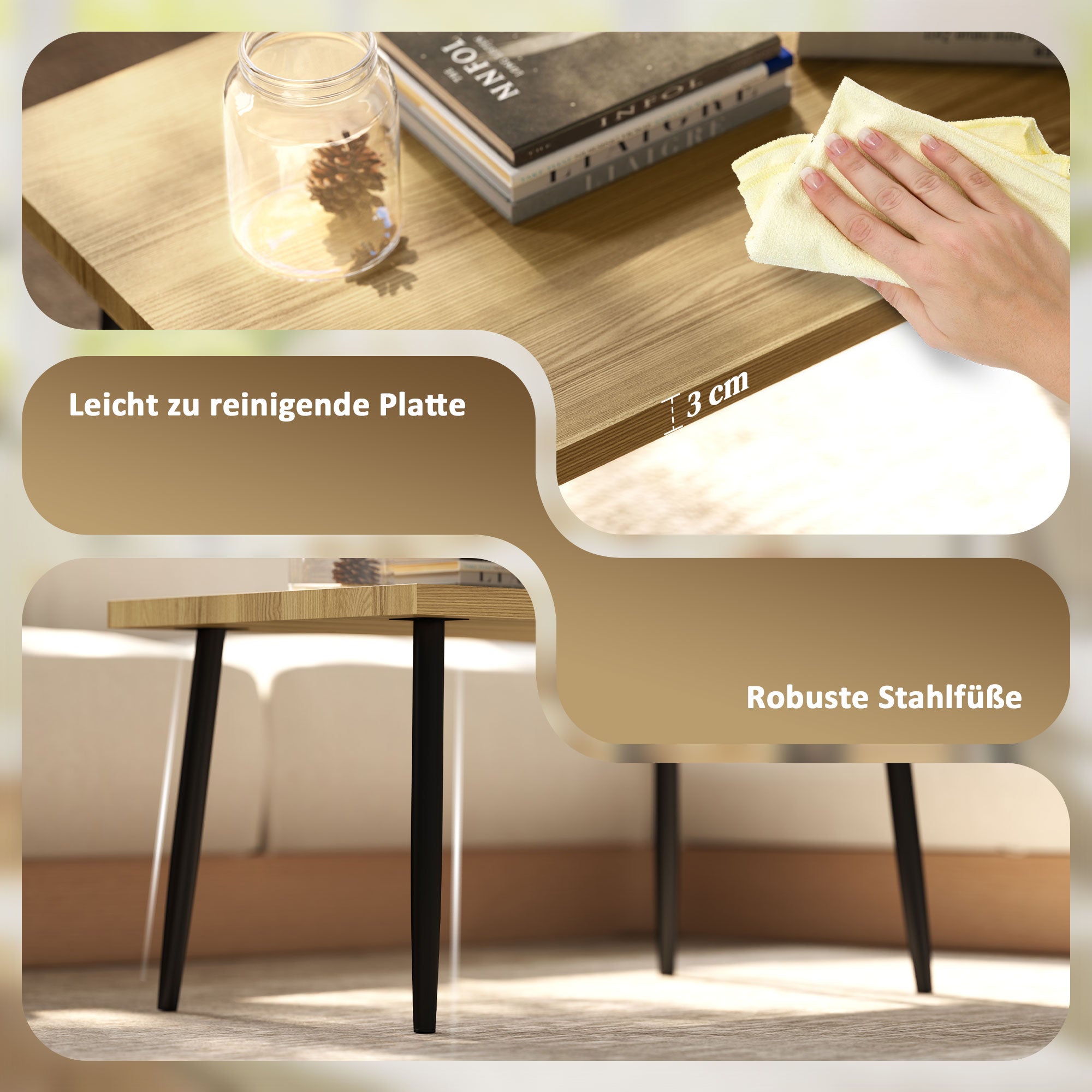 Coffee Table 2-Piece Set Side Table with Steel Frame, Living Room Coffee Table for Natural Wood Living Room
